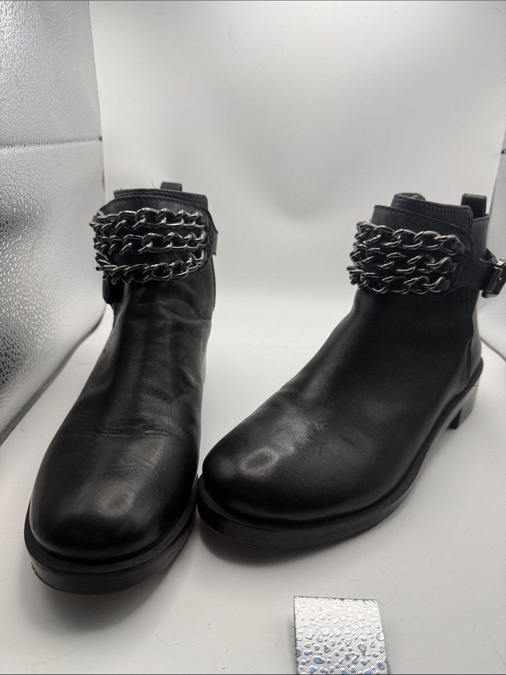 Tory Burch Black Leather Ankle Boots with Chain Strap
